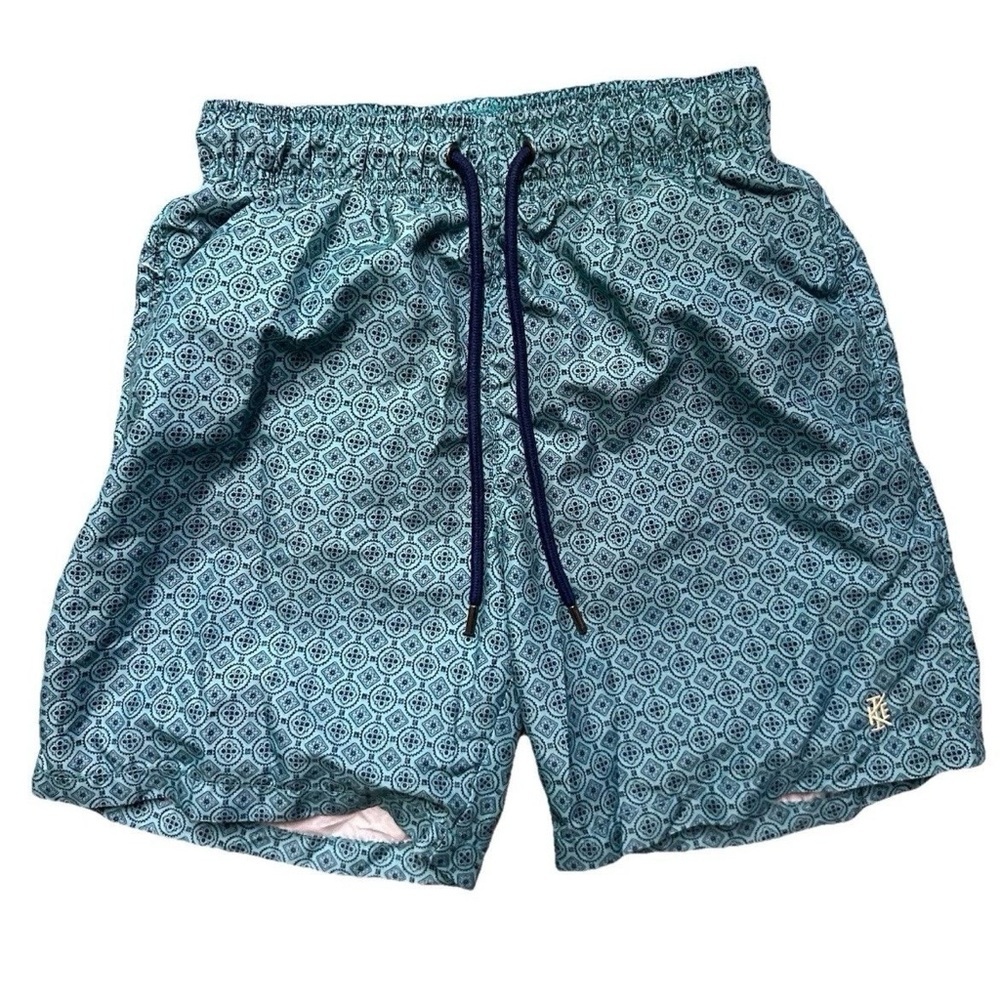 Men’s Ike By Ike behar Turquoise Blue Patterned Swim Trunks Size Small Summer
